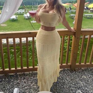 Princess Polly Butter Yellow Crochet Maxi Skirt and Crop Top Set - XS / S